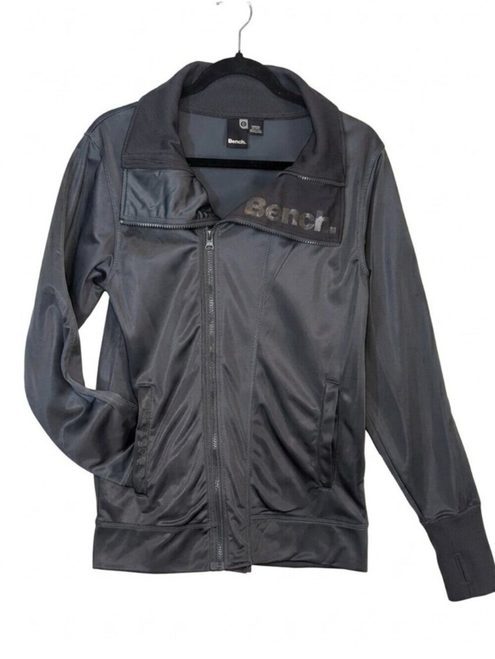 Bench Grey Asymmetric Full Zip Funnel Neck Track Jacket Thumbholes Womens Small